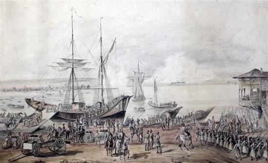 19th century English School Turkish troops embarking 11 x 18.25in.
